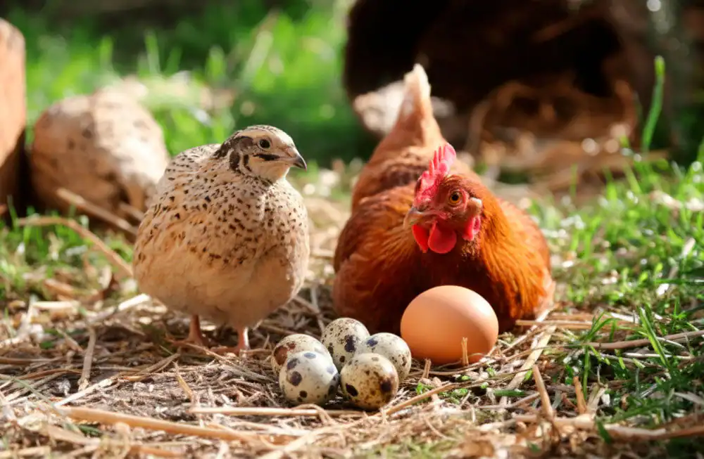a quail and a chicken next to each other with eggs from each in front in a farmyard setting